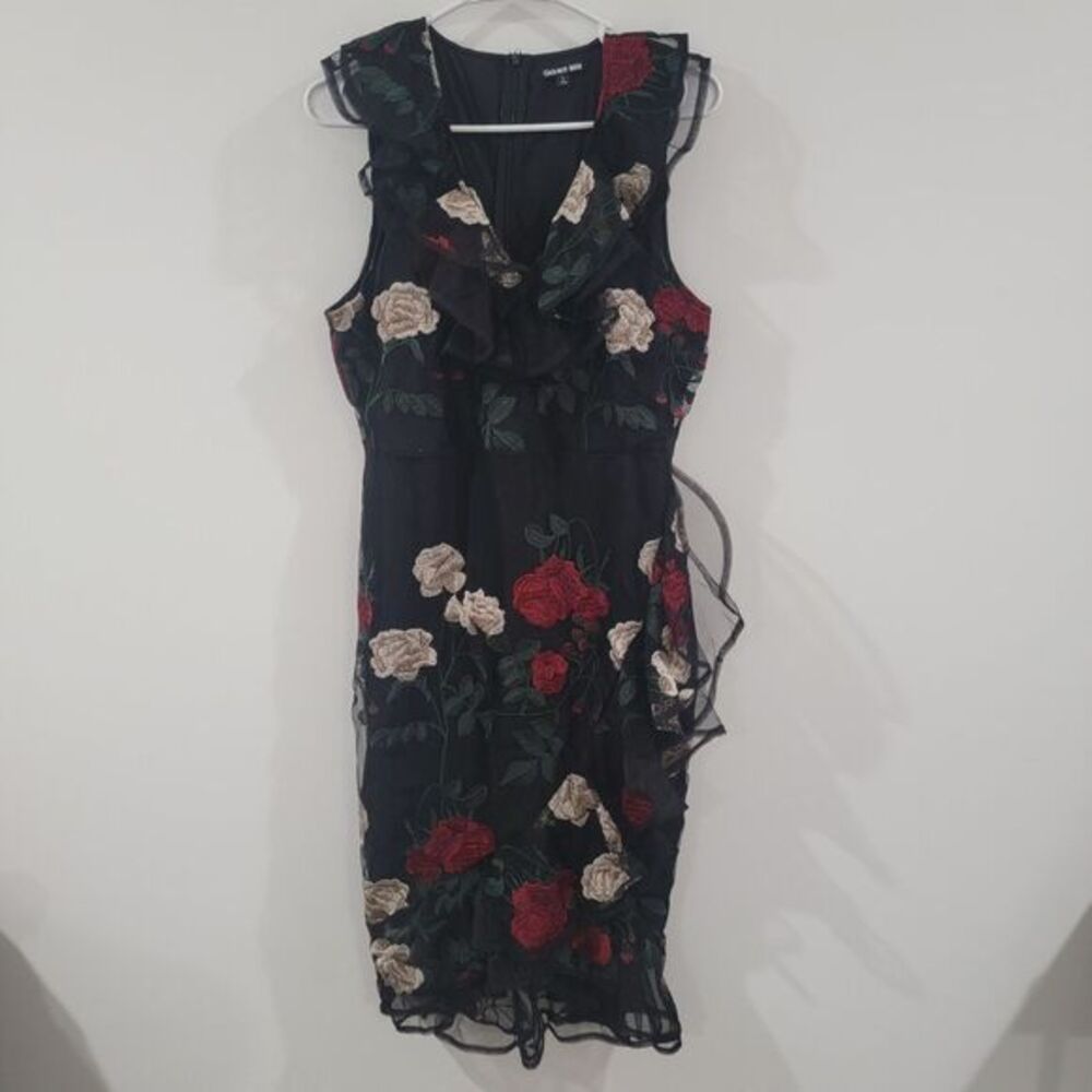 Gianni Bini Womens Midi Dress Size Large Floral Embroidered Dark Romance‎ Ruffle